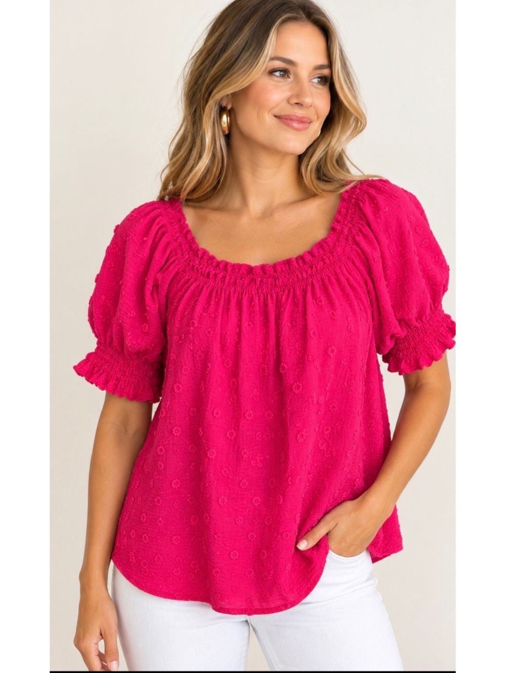 Vine & Love Fuchsia Cut Dot Peasant Blouse Women’s Size S